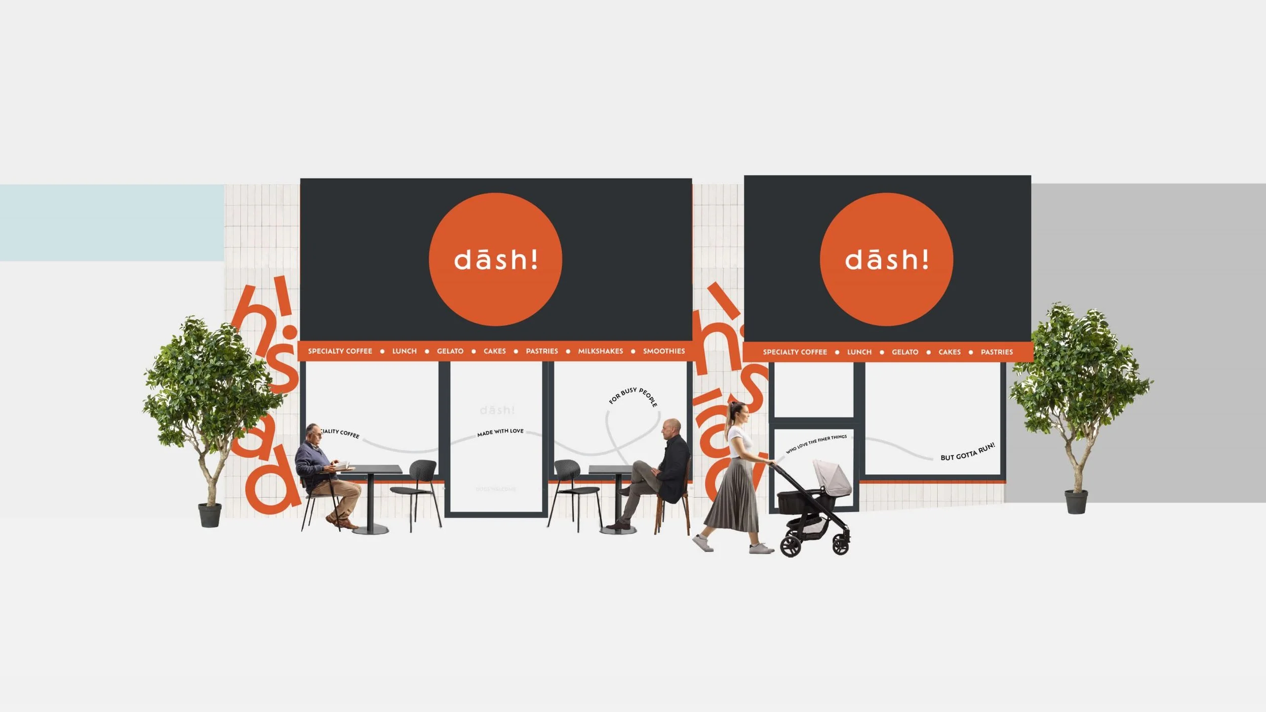 A modern coffee shop storefront with two large signs featuring the word 'dāsh!' in white on an orange circle. The shop offers specialty coffee, lunch, gelato, cakes, pastries, milkshakes, and smoothies. Two potted trees flank the entrance, with two customers sitting inside at tables and a woman pushing a stroller outside.
