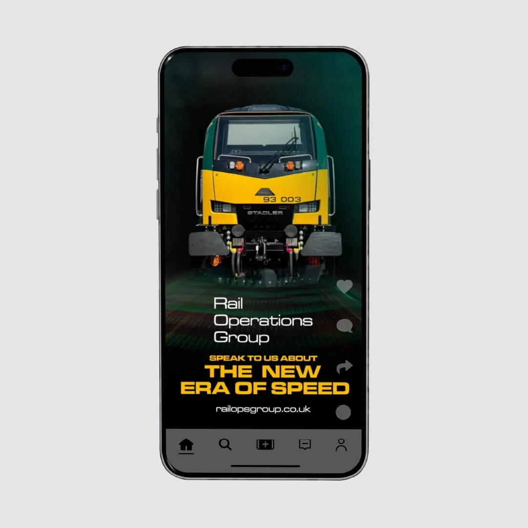 Smartphone displaying an image of a yellow and black train with the text 'Rail Operations Group' and promotional message about a new era of speed at railopsgroup.co.uk.