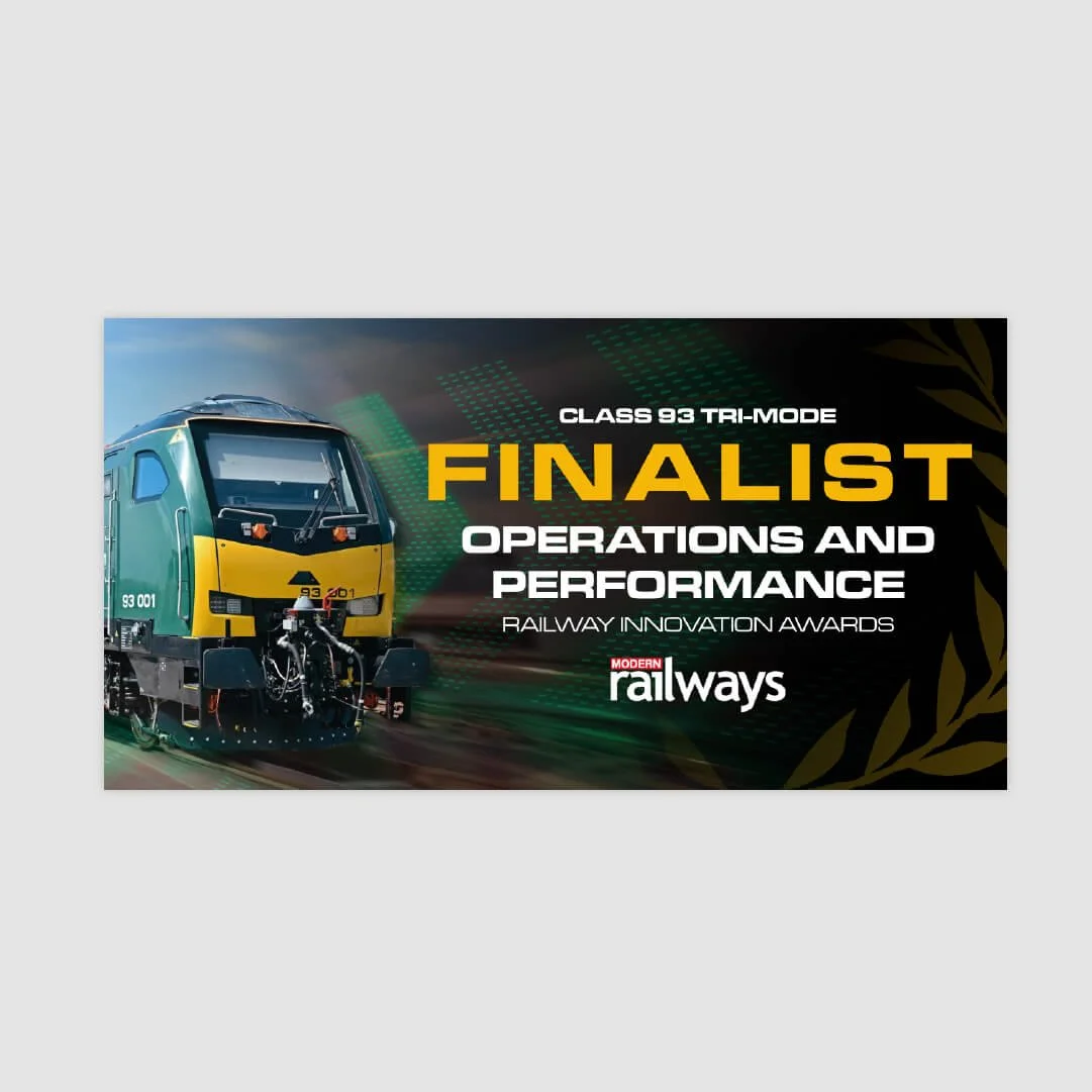 A graphic design celebrating a railway operation finalist award for the Modern Railways Railway Innovation Awards, featuring a modern train with a green and yellow color scheme.