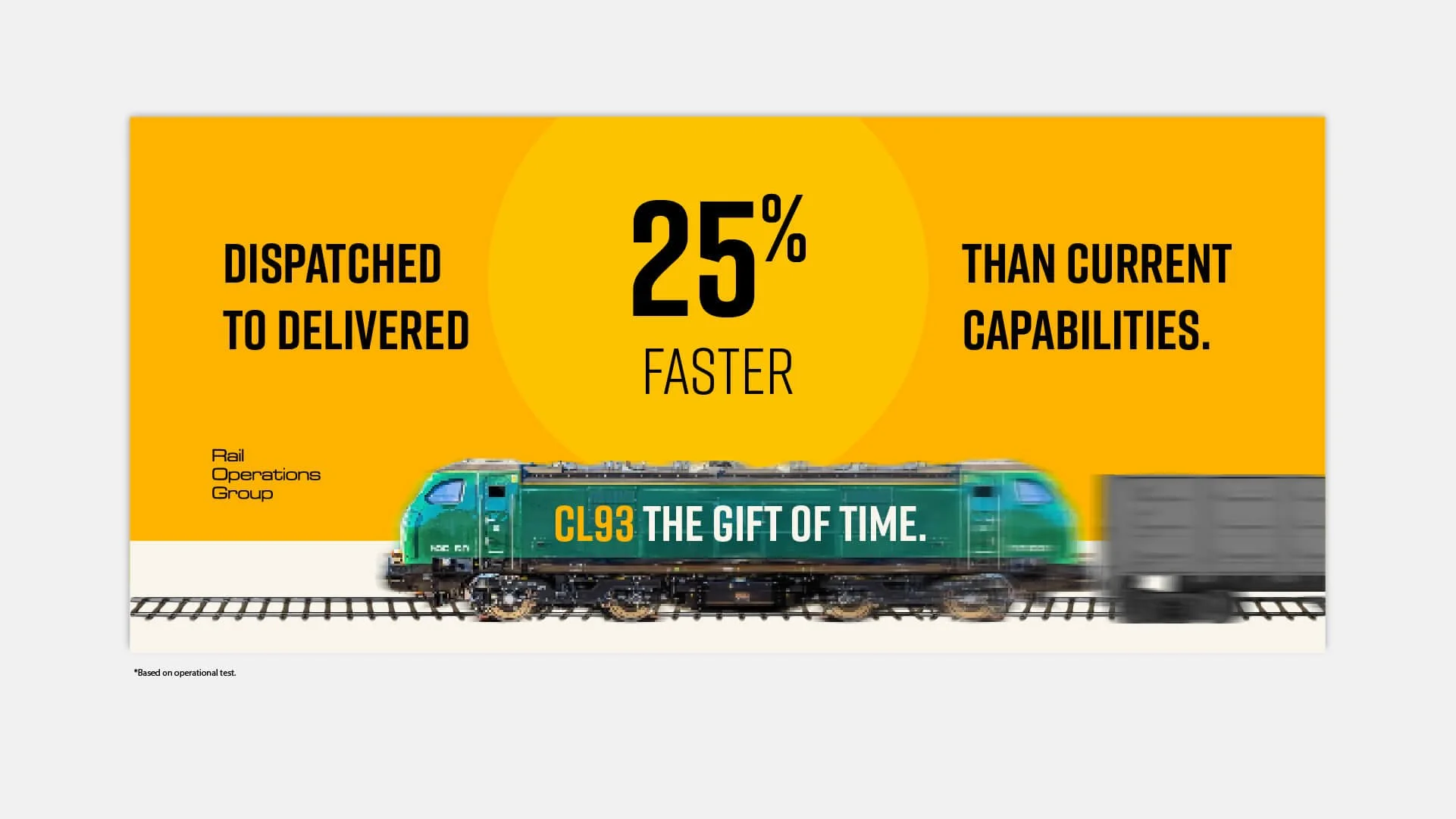 Train with a green locomotive and a gray freight car on railway tracks. The background has orange and yellow text highlighting that a stock is dispatched 25% faster than current capabilities, with the phrase 'CL93 THE GIFT OF TIME' at the bottom.