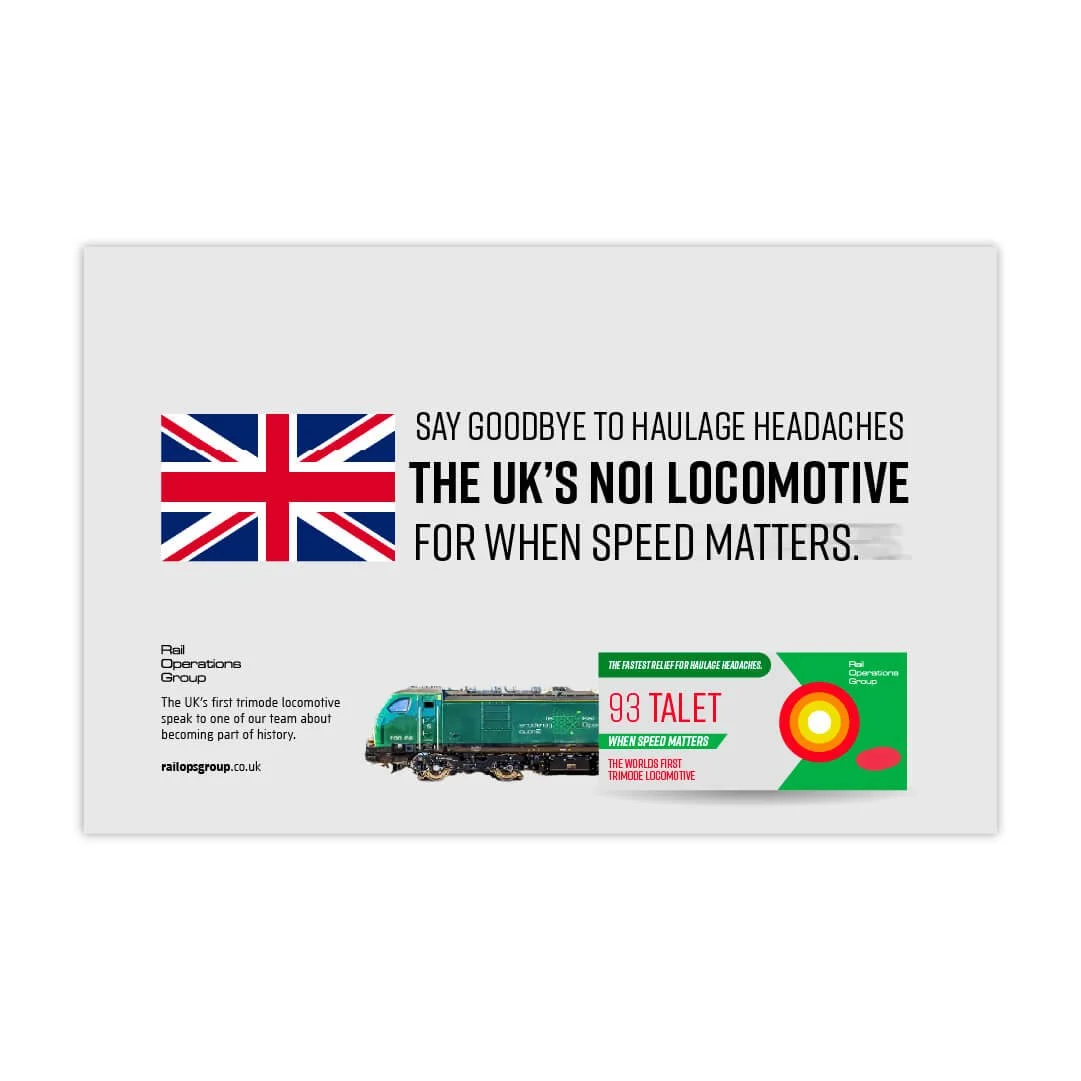 A promotional graphic with the UK flag and an illustration of a locomotive train. The text announces the UK’s first trimode locomotive, 93 Talet, highlighting its speed capabilities and references the Rail Operations Group.