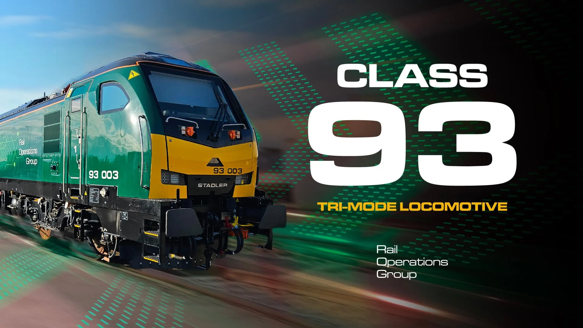 A green and yellow tri-mode locomotive with the number 93 003, moving on a railroad track under a partly cloudy sky, with digital graphics and text overlay describing 'Class 93' for the Rail Operations Group.