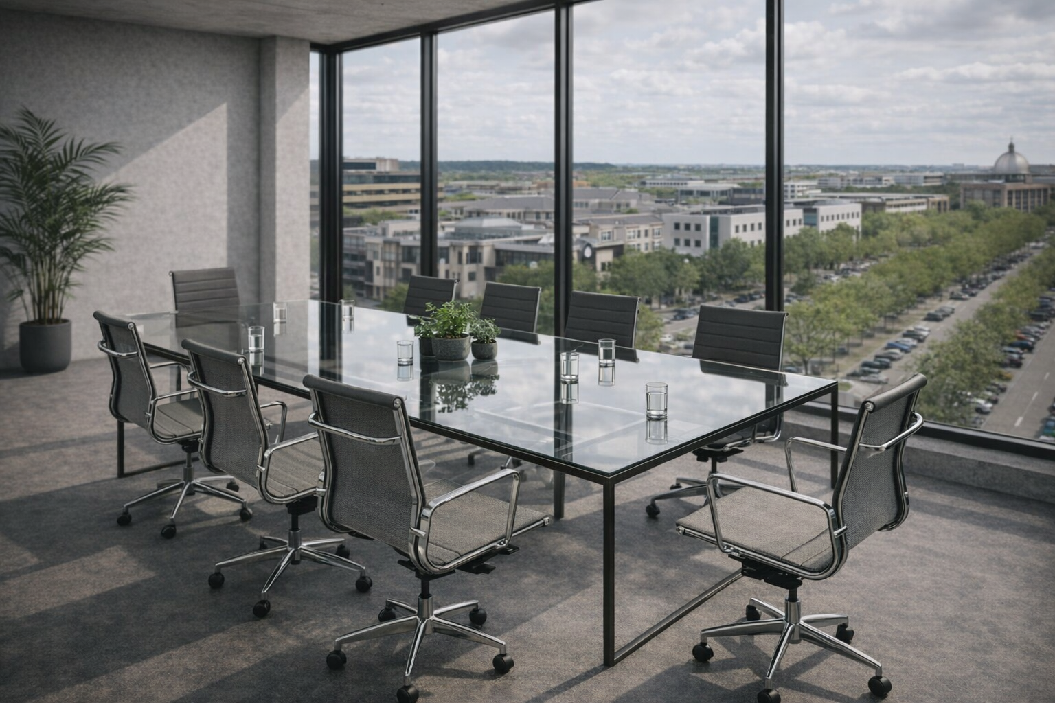 Modern conference room with glass table, nine chairs, potted plant, and floor-to-ceiling windows showing cityscape and cloudy sky
