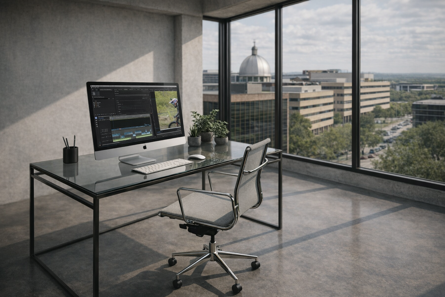 Modern office workspace with a glass-top desk, desktop computer displaying video editing software, a gray office chair, a small plant, and large windows showing cityscape views with buildings and a dome, under a partly cloudy sky.