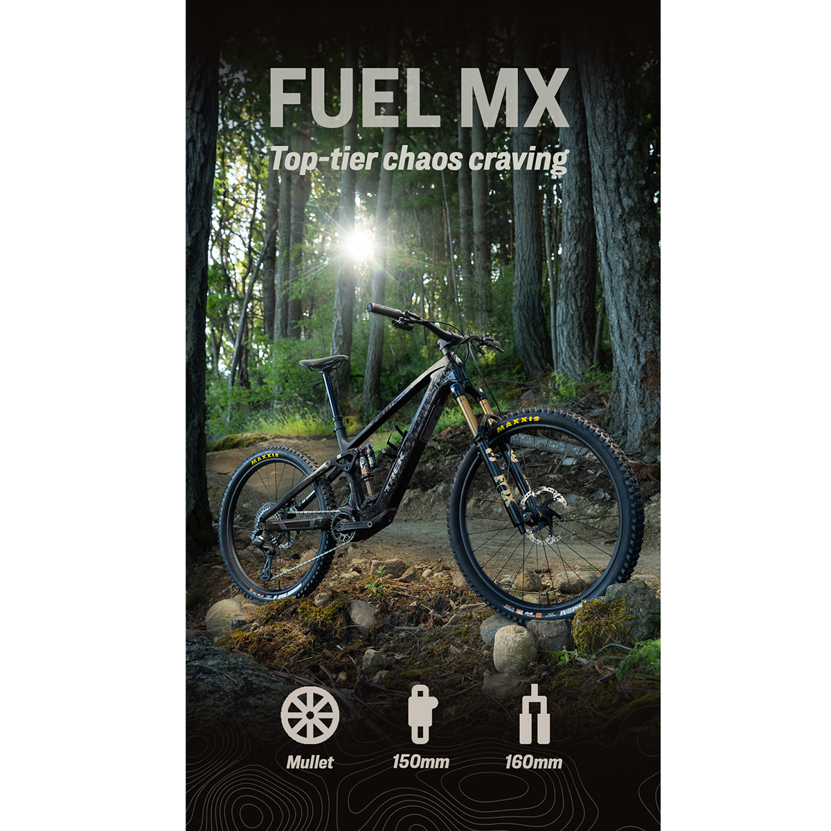 A mountain bike on a dirt trail in a forest with tall trees and sunlight filtering through the leaves, promoting a fuel mix for top-tier chaos craving with icons for mullet, 150mm and 160mm suspension travel.