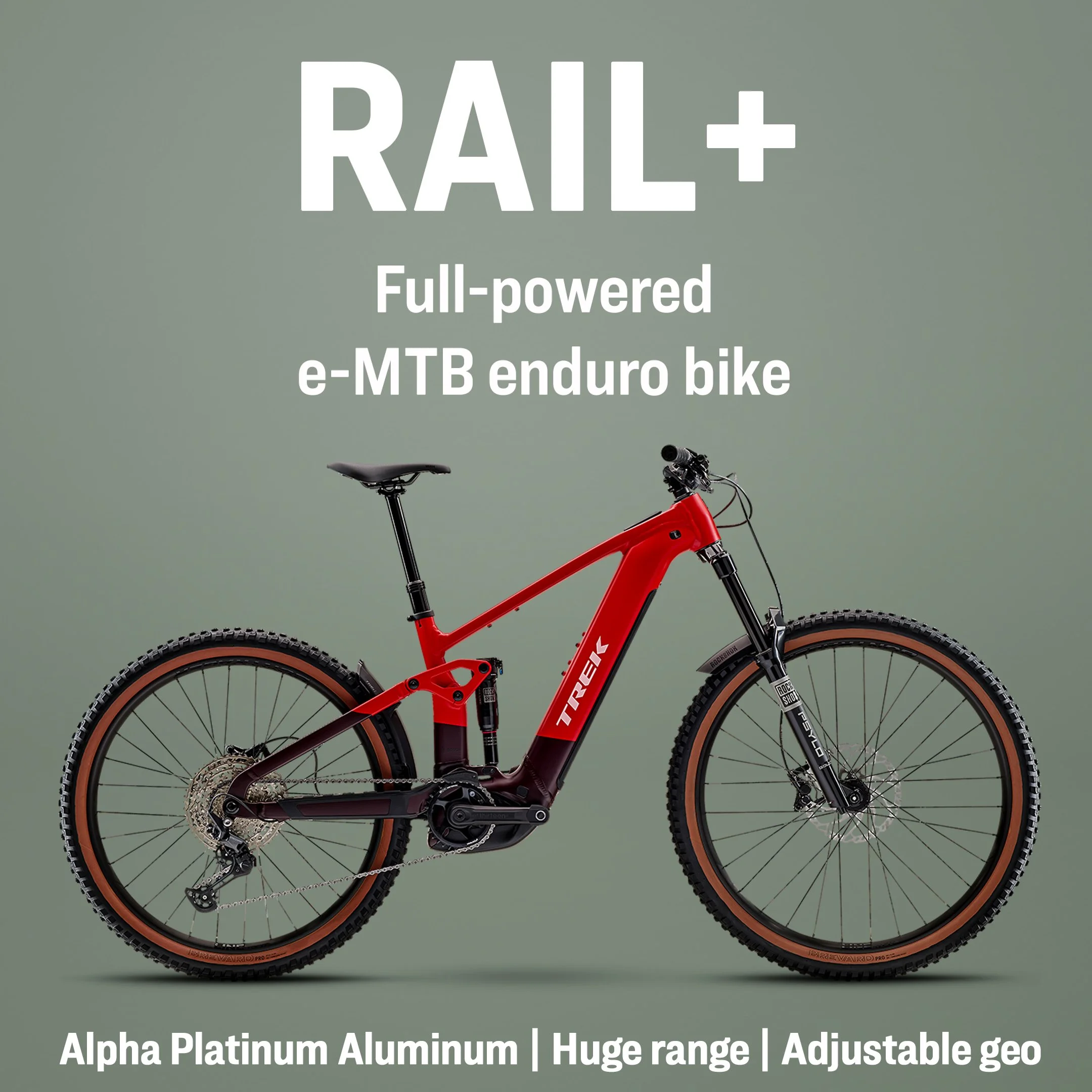 Trek Rail+ full-powered electric mountain bike with a black saddle, thick off-road tires, and a sleek frame against a plain background.