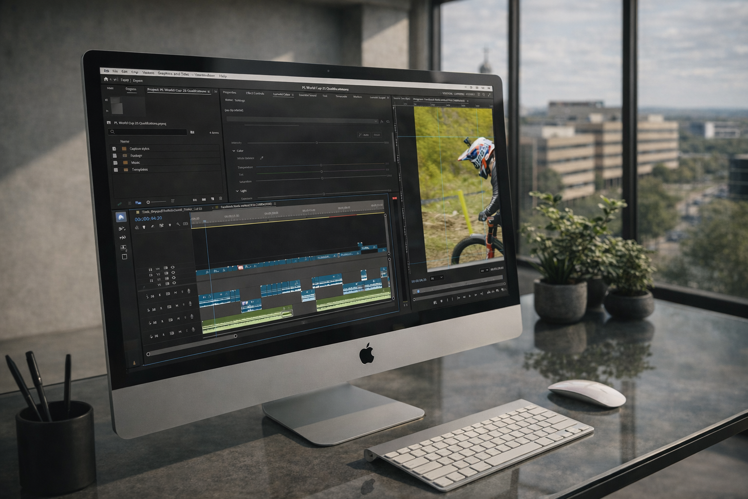An Apple iMac computer on a desk showing video editing software, with a window displaying a cyclist in the background.