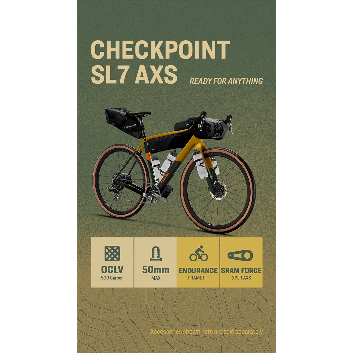 Advertisement for a bicycle model called CHECKPOINT SL7 AXS, equipped with accessories like saddlebags and water bottles, on a green background with icons highlighting its features: OCLV 500 Carbon, 50mm max tire width, endurance frame fit, SRAM Force XPLR AXS groupset. Text states accessories are sold separately.
