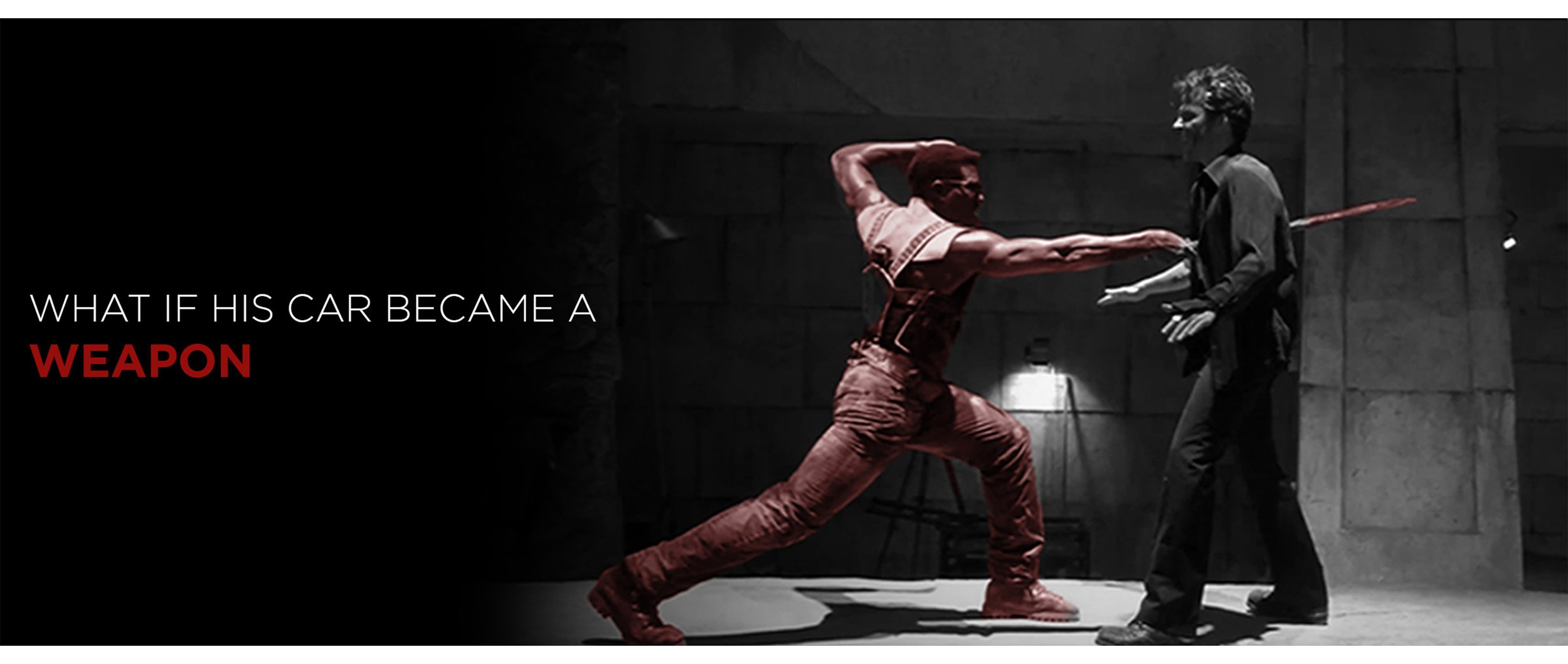 A woman dressed in camouflage clothing fights a man in a black suit with gloves in a dark, industrial setting, with the text "What if his car became a weapon" on the left side of the image.
