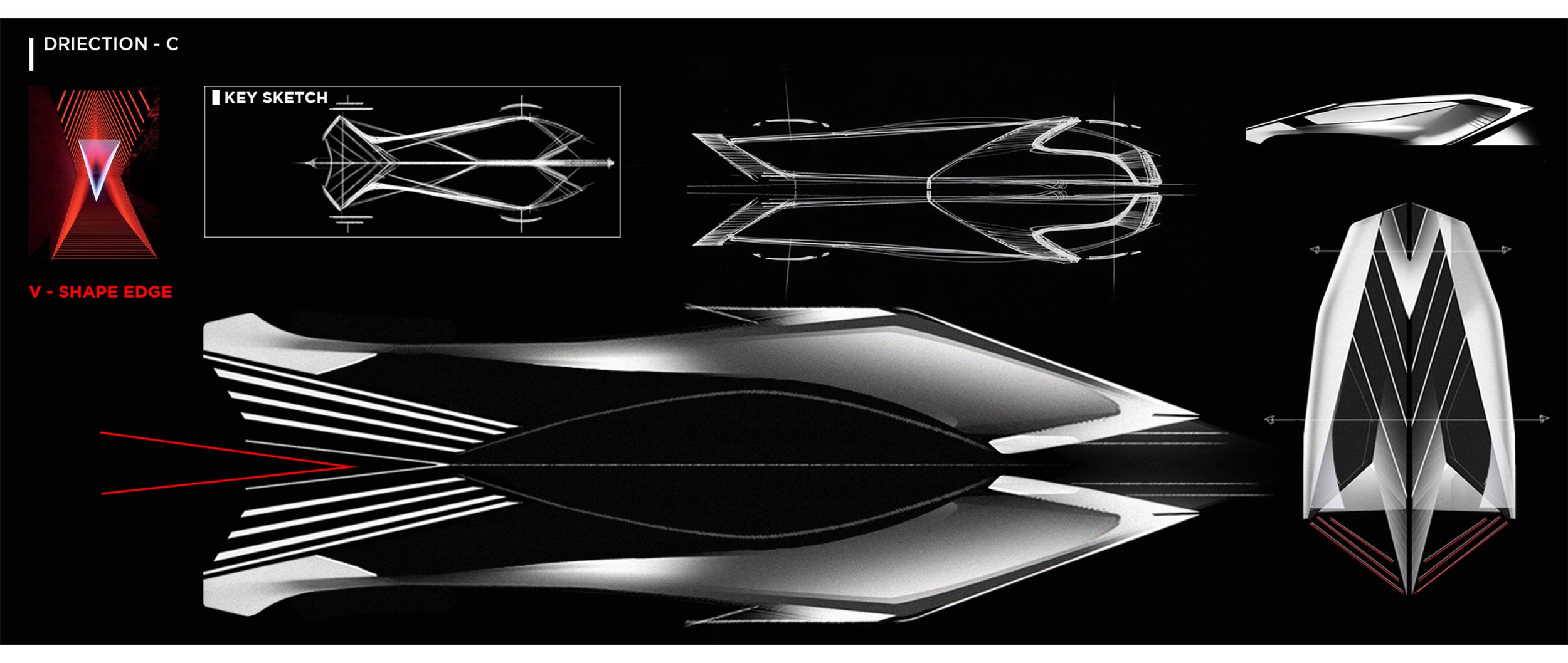 Technical design sketch of a futuristic car with multiple design views and details, including key sketch, shape edge, and side profile.