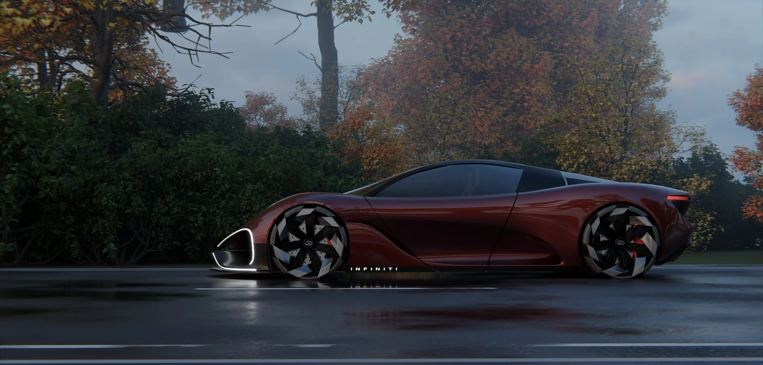 A futuristic red concept car with distinctive, geometric black and white wheels parked on a wet road with autumn trees in the background.