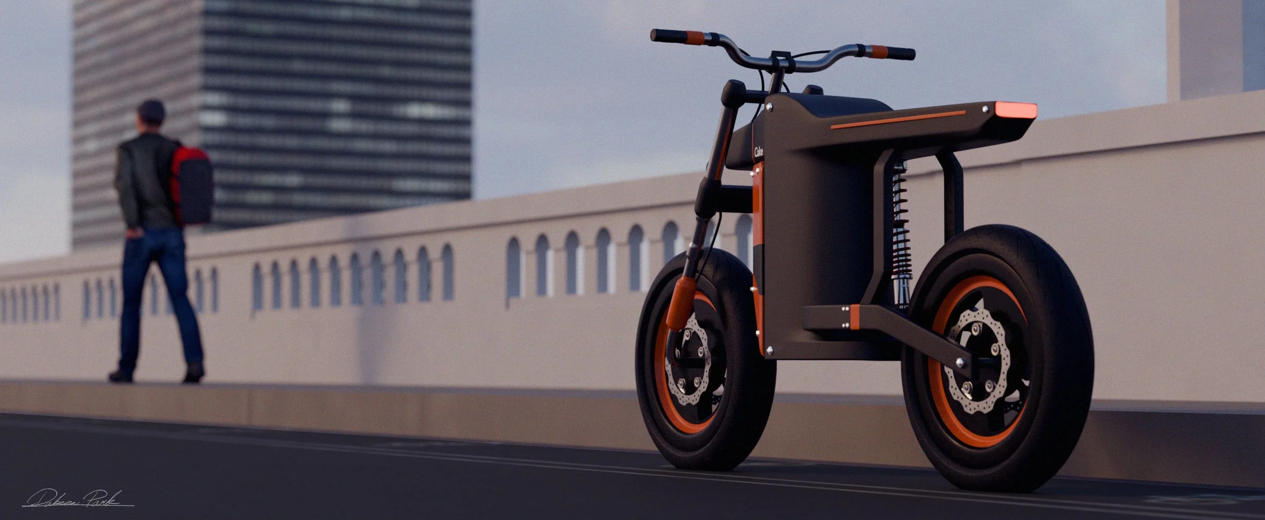 A modern electric bike with a black and orange design is parked on a city street, with a person walking in the background near a high-rise building.
