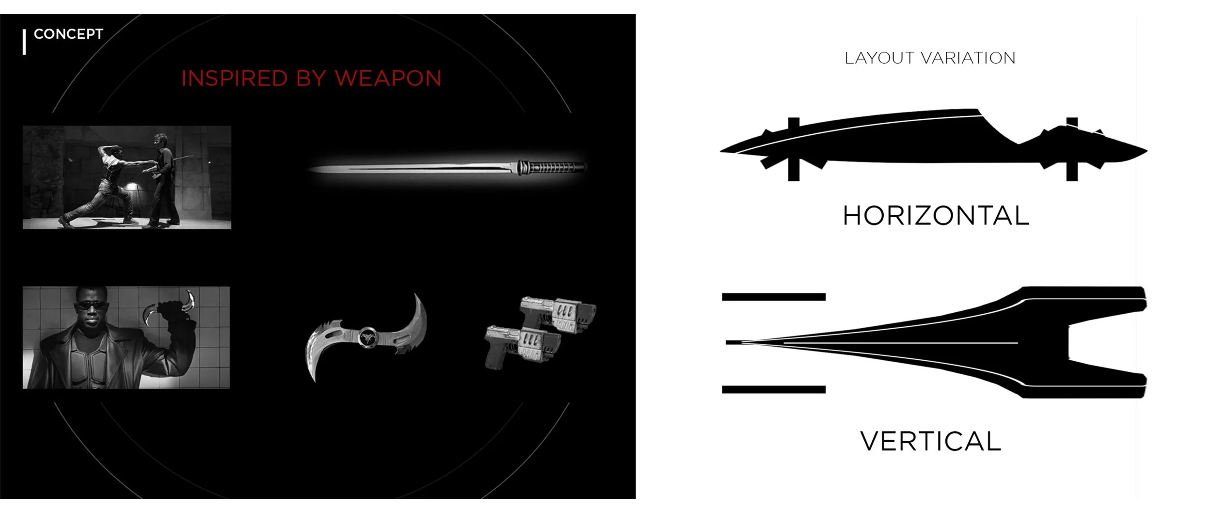 Image showing a concept inspired by weapons, featuring two black and white photographs of fight scenes and weapons like a sword, blade, and guns on a black background. On the right, it presents layout variations of a spaceship or aircraft in horizont