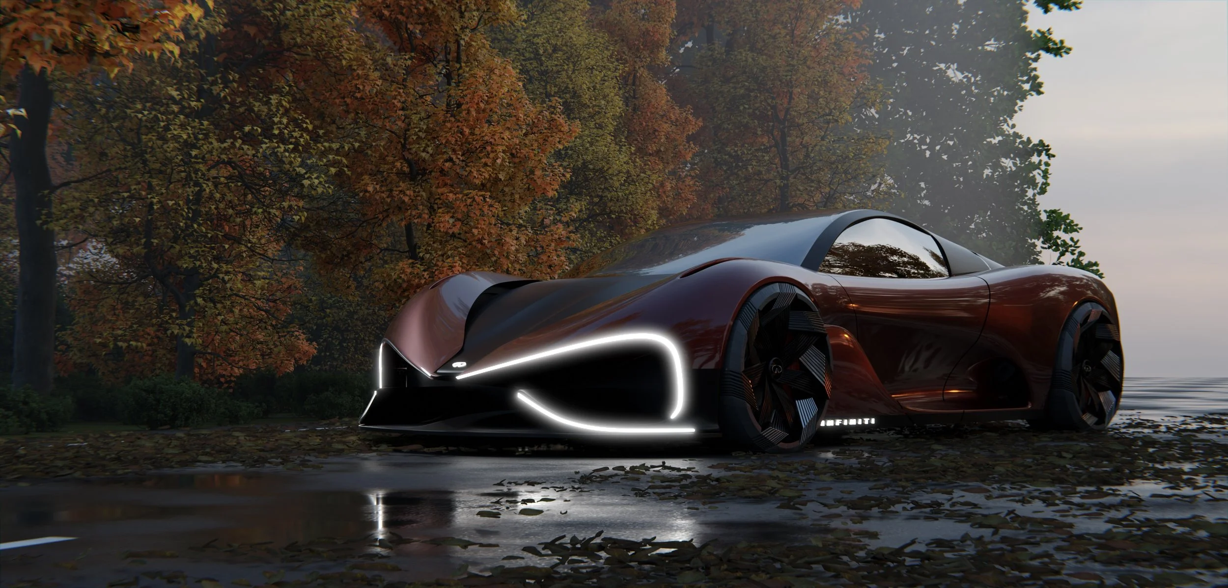 A futuristic concept car parked on a wet ground surrounded by autumn-colored trees.