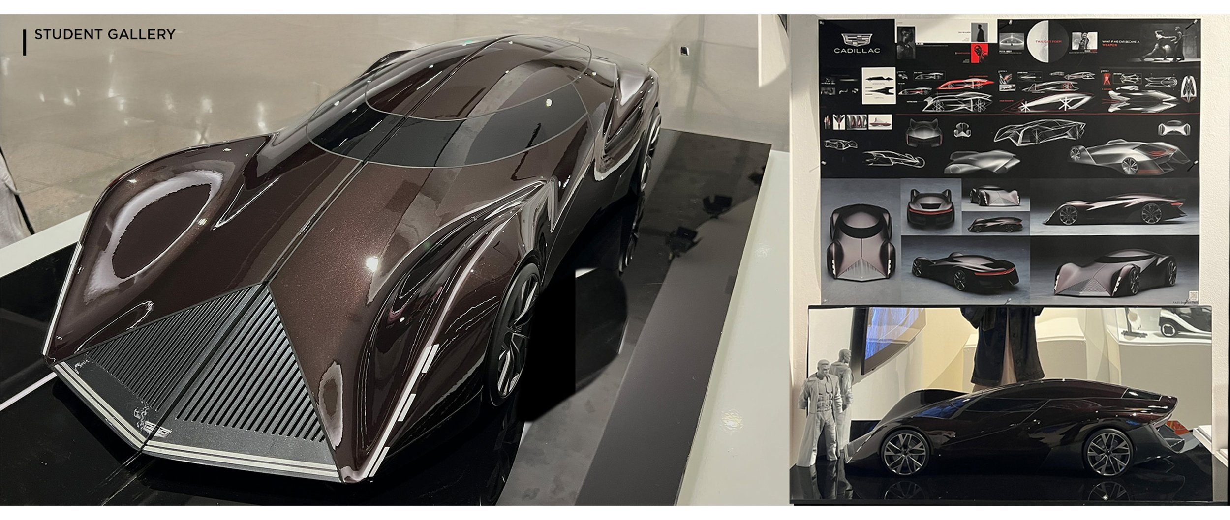 A detailed scale model of a futuristic, dark metallic sports car displayed in a student gallery, with concept sketches and design sketches on the wall behind it, including the Cadillac logo and various car design illustrations.