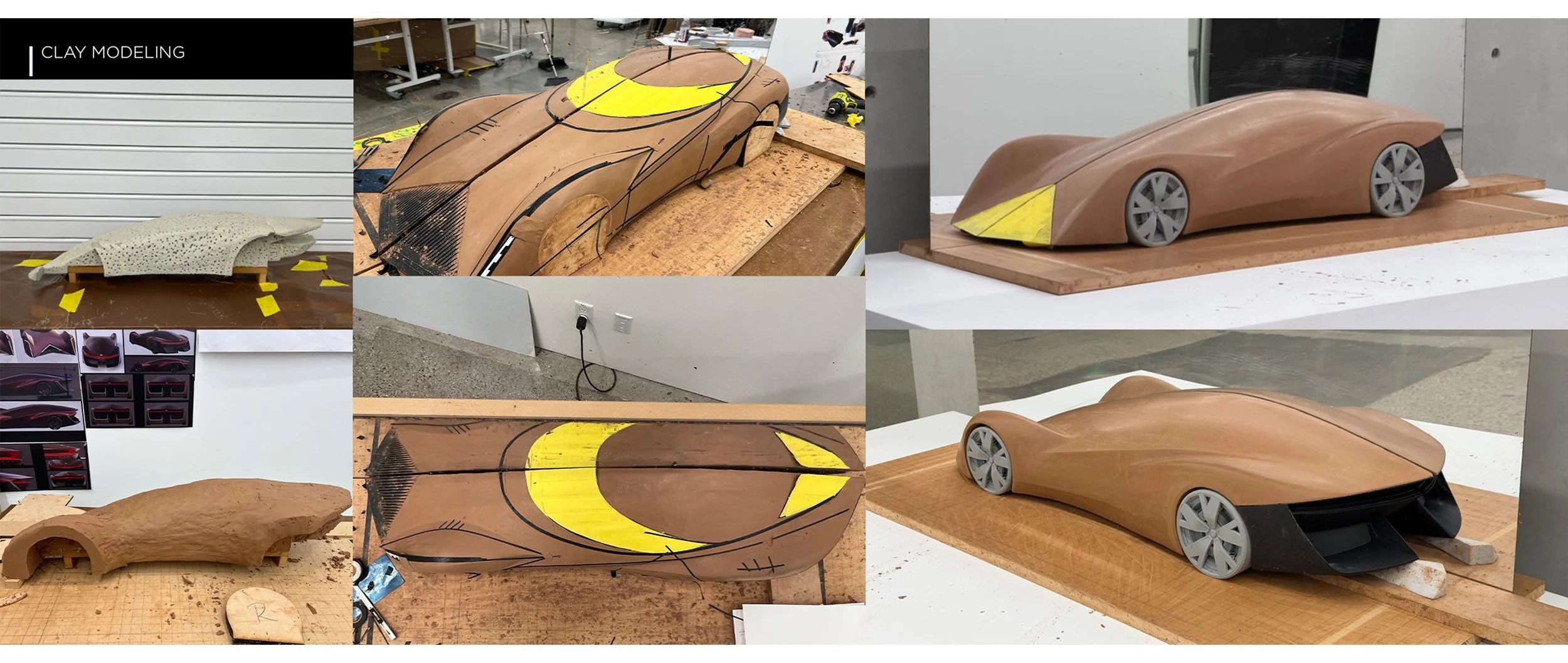 Compilation of photos showing the progression of a clay model of a car, including initial sculpting, detailed sketches, and the finished wooden and plastic scale models.