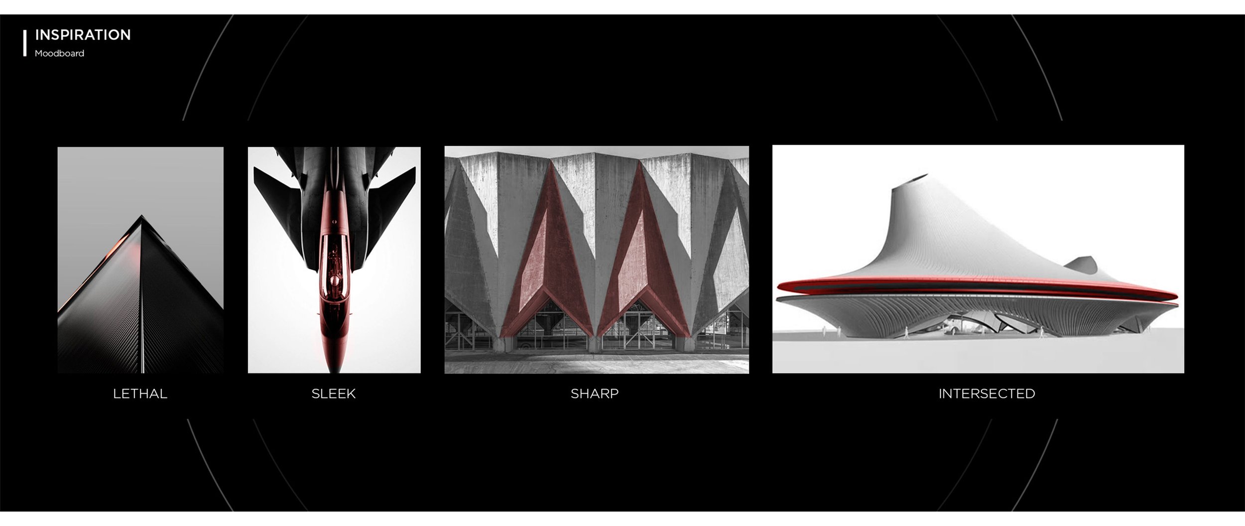 Moodboard titled 'Inspiration' featuring four architectural designs labeled 'Lethal', 'Sleek', 'Sharp', and 'Intersected', showcasing modern building aesthetics.
