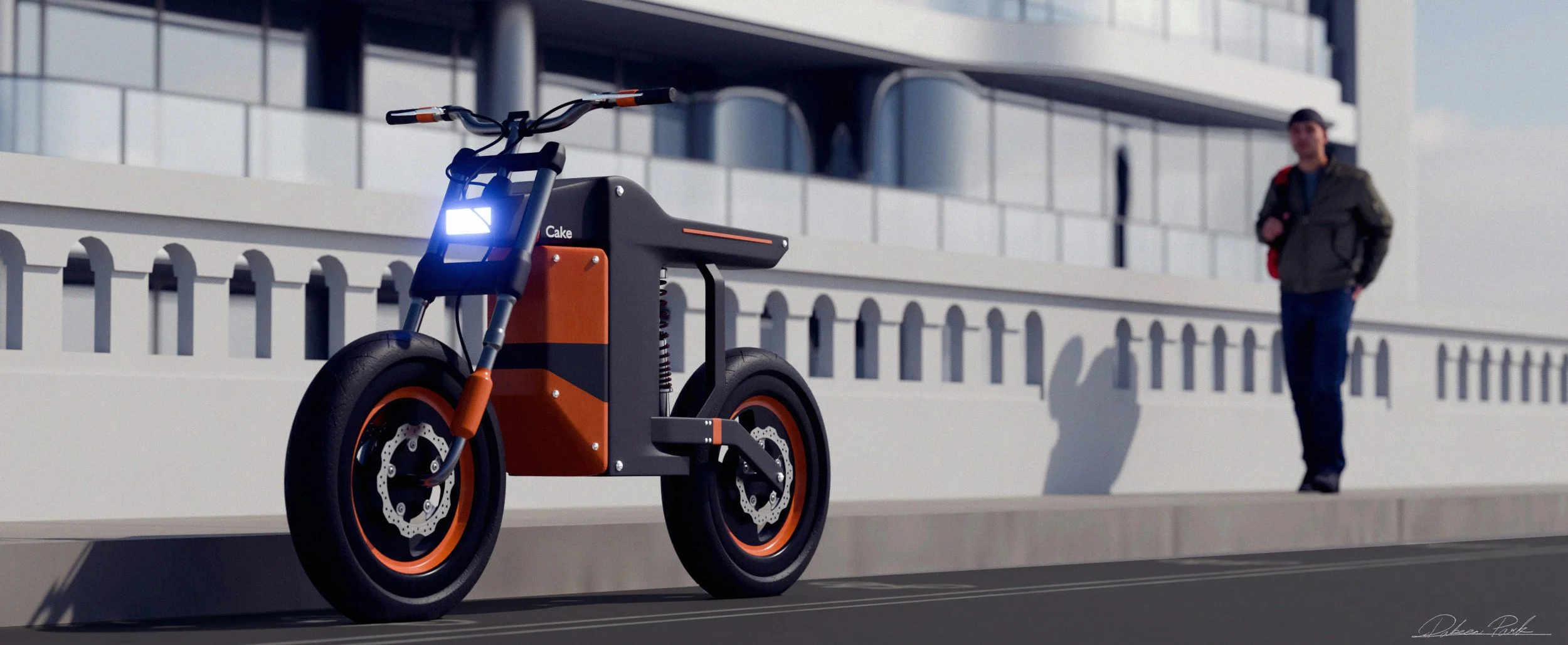 A futuristic electric bike with orange and black design parked on a city sidewalk with a modern building in the background. A man stands nearby, looking at the bike.