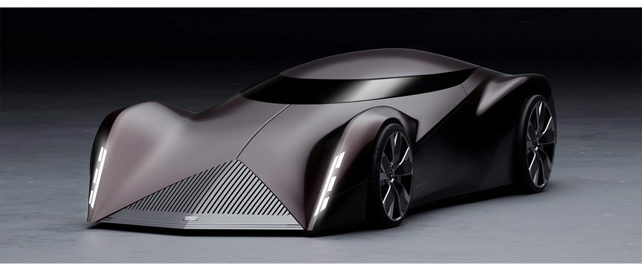 A sleek, futuristic concept car with a aerodynamic design and dark metallic finish, featuring prominent wheel arches, low profile, and illuminated vertical lights on its front and sides.