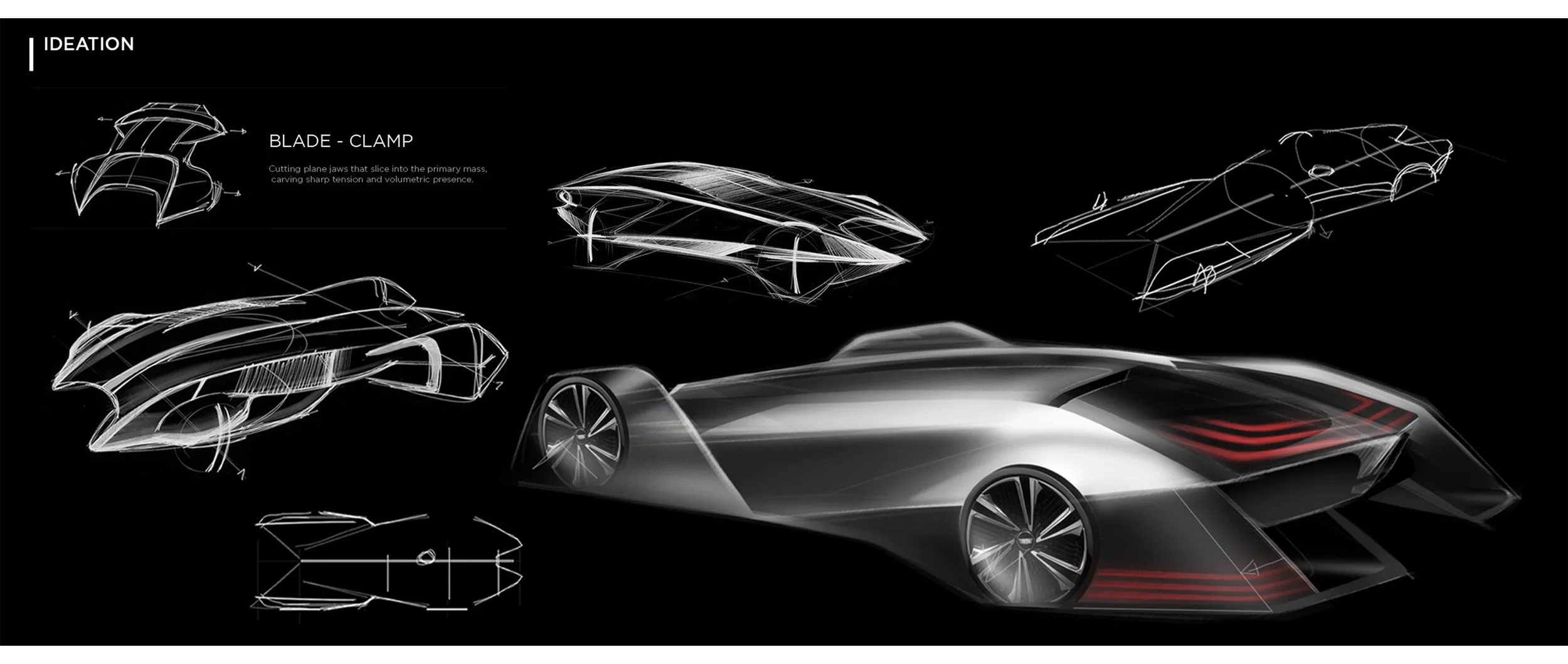 Design sketches and rendering of a futuristic car with sleek, aerodynamic body and large wheels, showcasing different angles and the process of development.