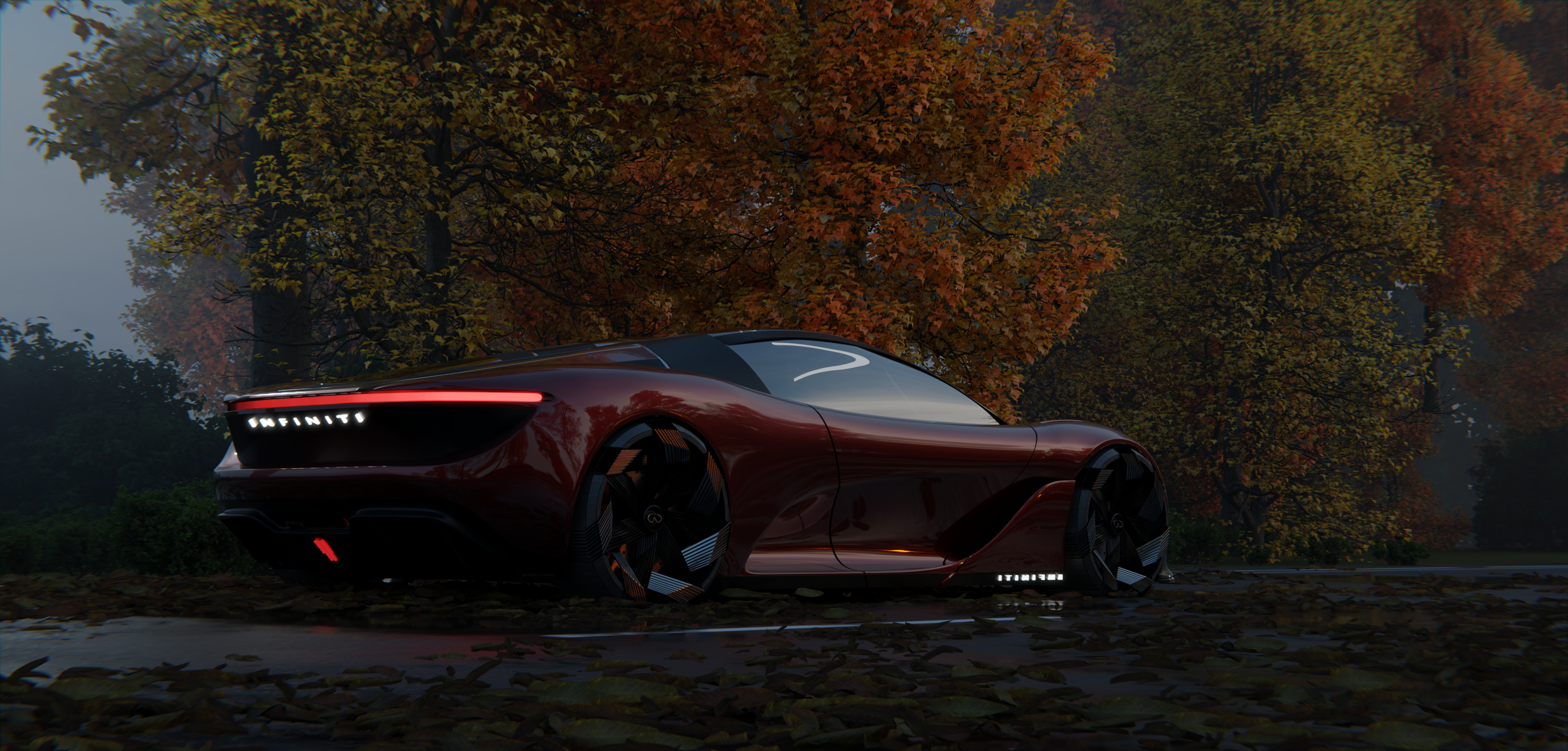 A sleek red concept car with futuristic design features, including glowing taillights and large black wheels, parked on a leaf-covered ground in a forested area with autumn trees.