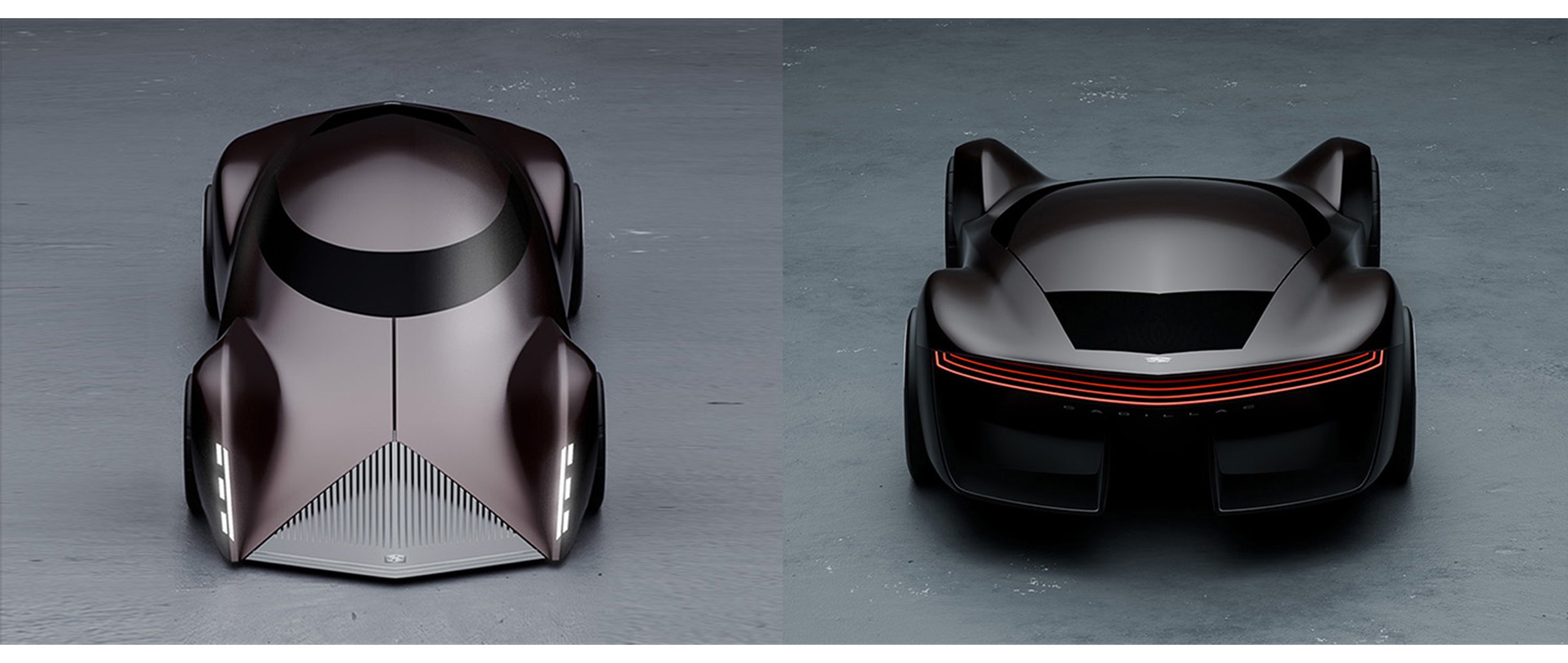 Two futuristic concept cars are displayed from a top view on a concrete floor. The car on the left has a sleek, aerodynamic shape with a metallic finish and vertical LED lights on the front. The car on the right has a rounded, robotic look with cat-l
