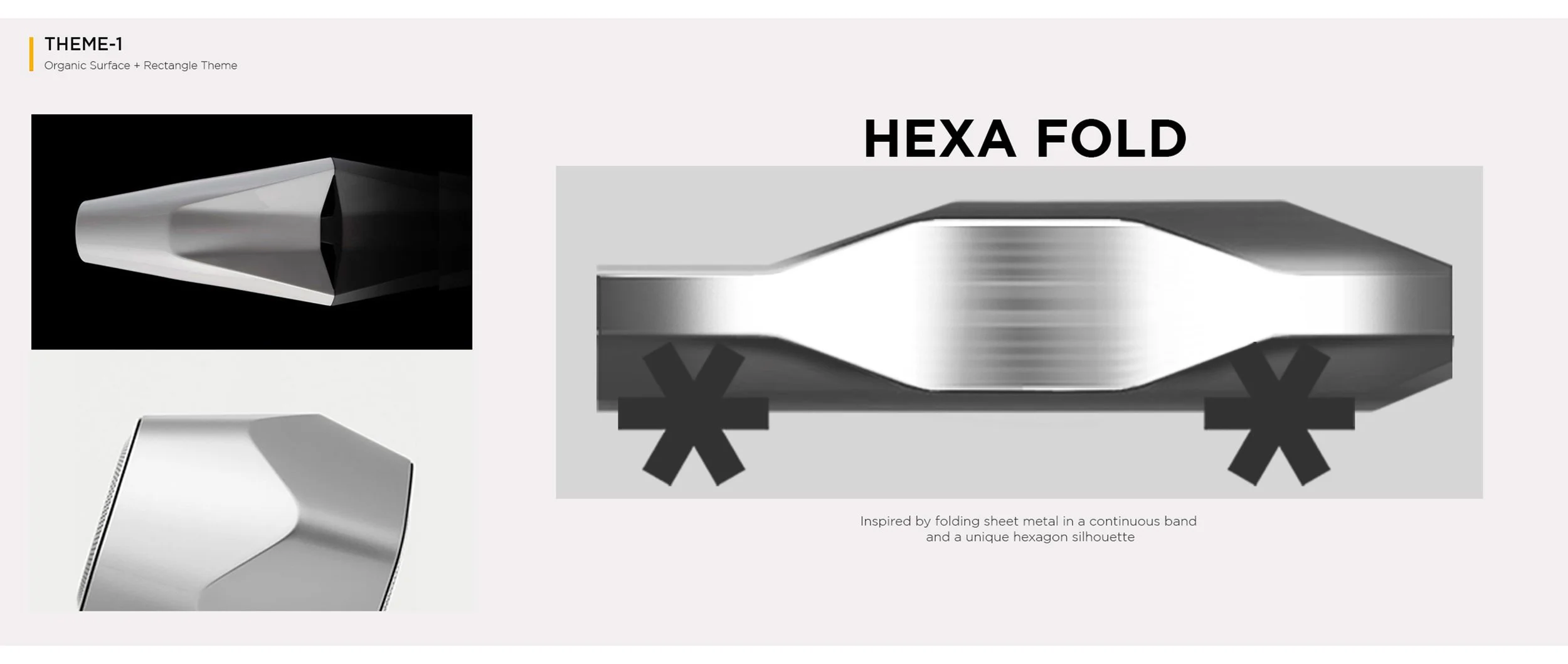 Design concept of a product inspired by folded sheet metal, showing a hexagon silhouette with a sleek metallic finish and black accents, labeled 'Hexa Fold'.