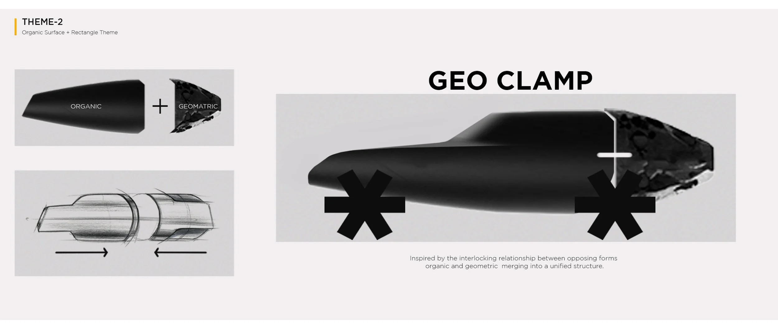 Graphic design layout explaining the 'Geo Clamp' with a visual of an organic and geometric merged shape, technical sketches, and descriptive text.