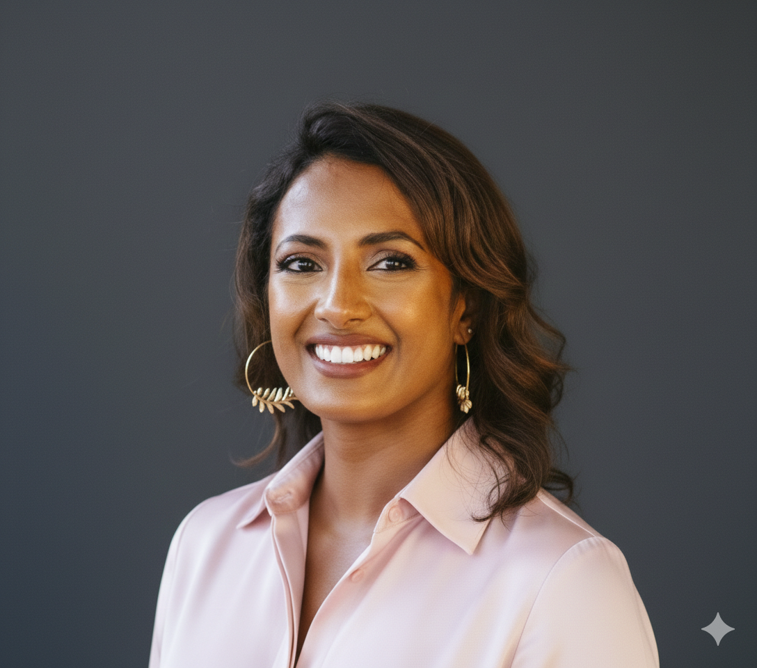 A woman with dark brown hair styled in loose waves, wearing hoop earrings with leaf design, and a light pink collared blouse, smiling against a plain gray background.