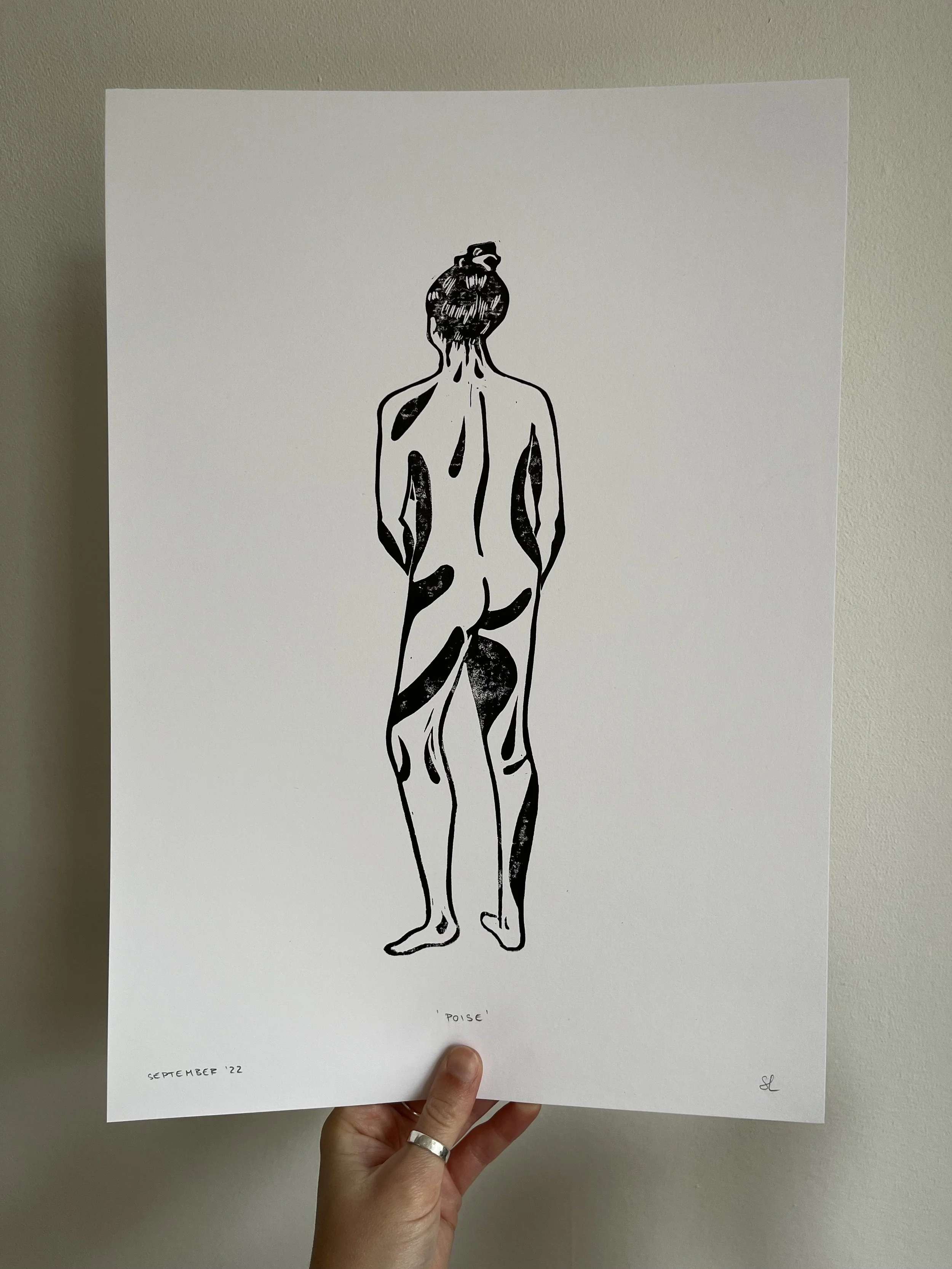Line drawing of a female figure standing facing away, with her back to the viewer, titled 'Poise', dated September 2022.
