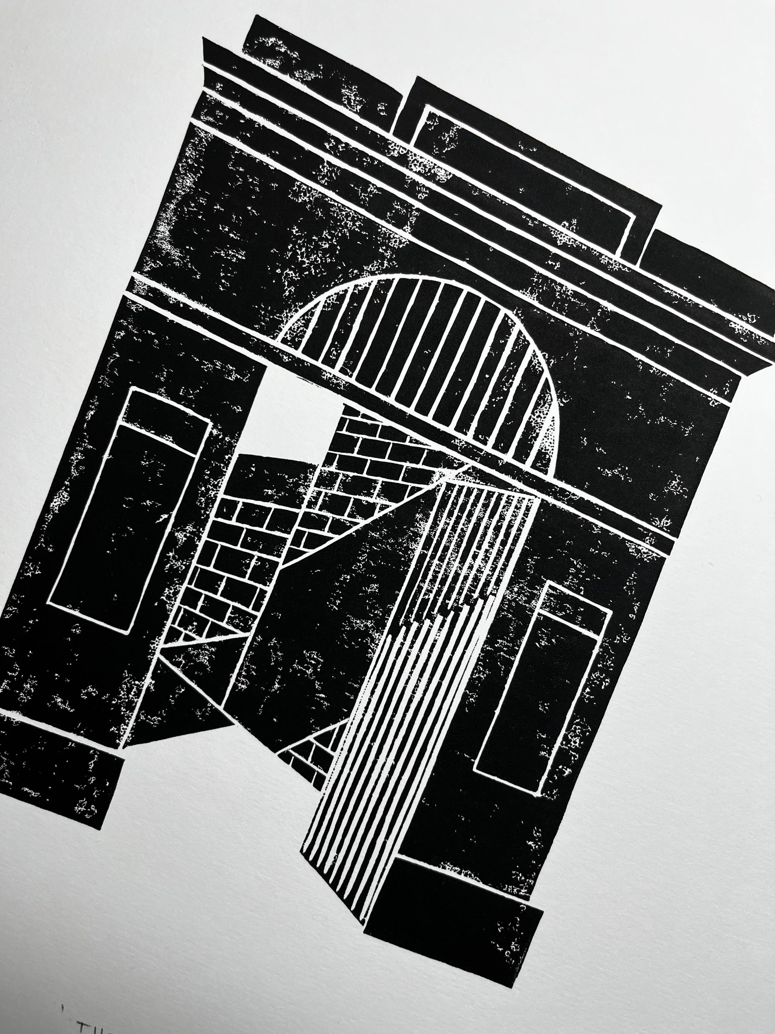 Black and white abstract art featuring geometric shapes including rectangles, circles, and lines with distressed texture.