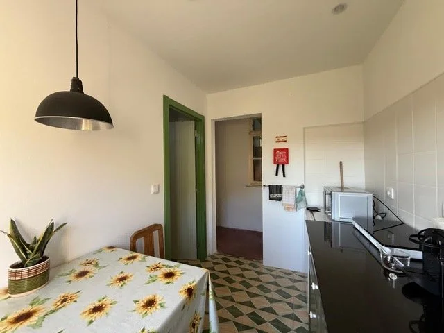 kitchen in a holiday apartment in central Portugal with traditional patterned tile floor, worktop and sink, microwave, small fridge, and entrance view