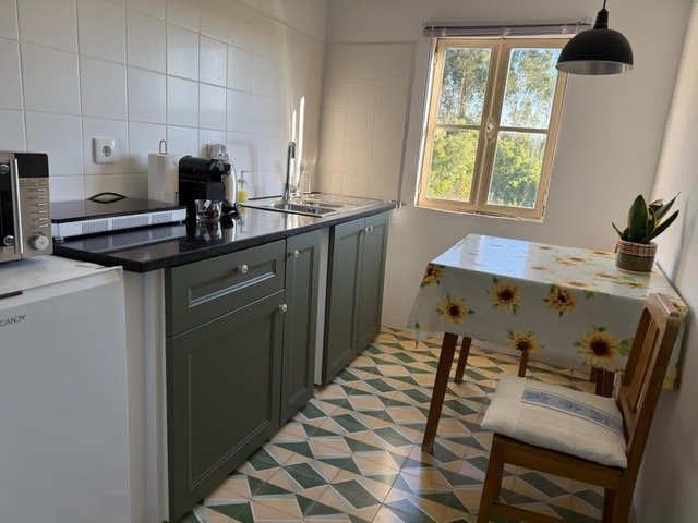 bright kitchen in a holiday apartment in central Portugal with traditional patterned tile floor, window, dining area, and worktop with sink