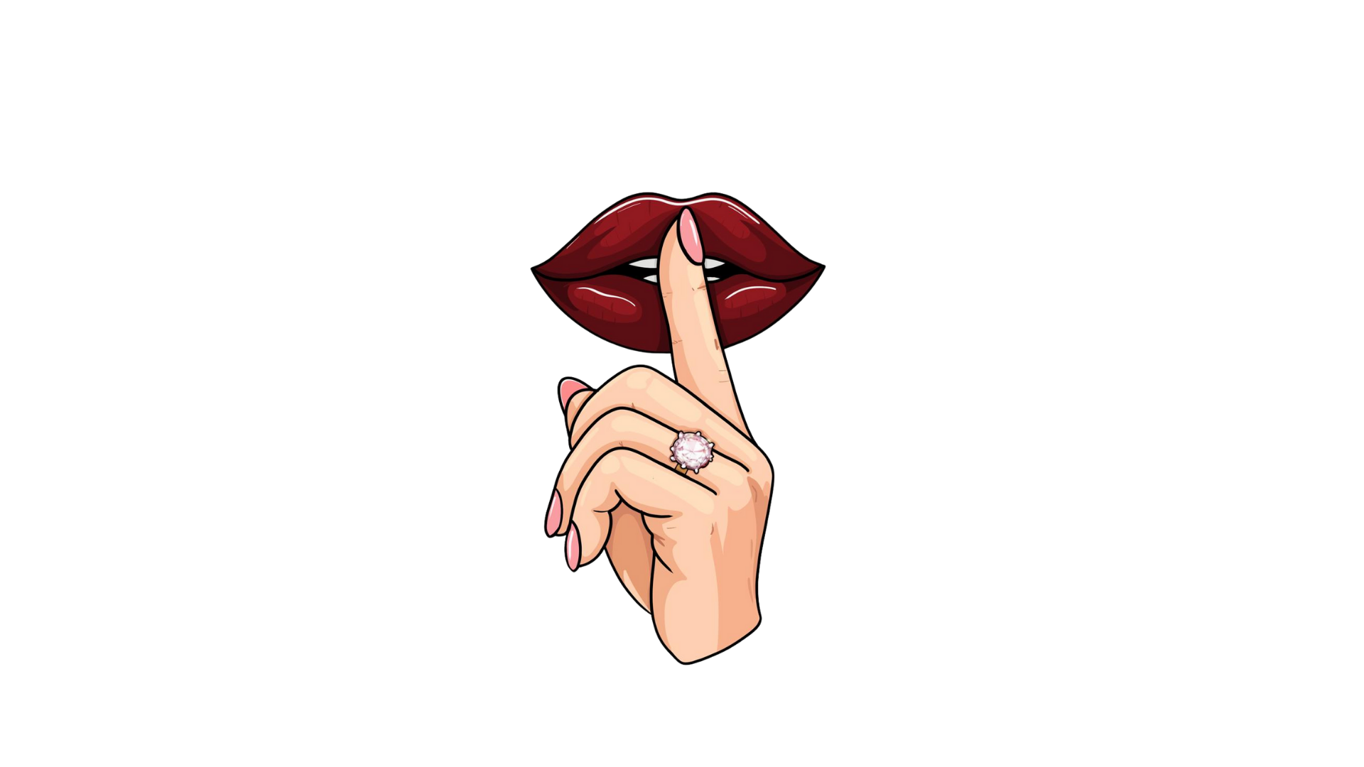 A hand with pink polished nails and a large pink ring pressed against lips with deep red lipstick, in a secretive gesture.