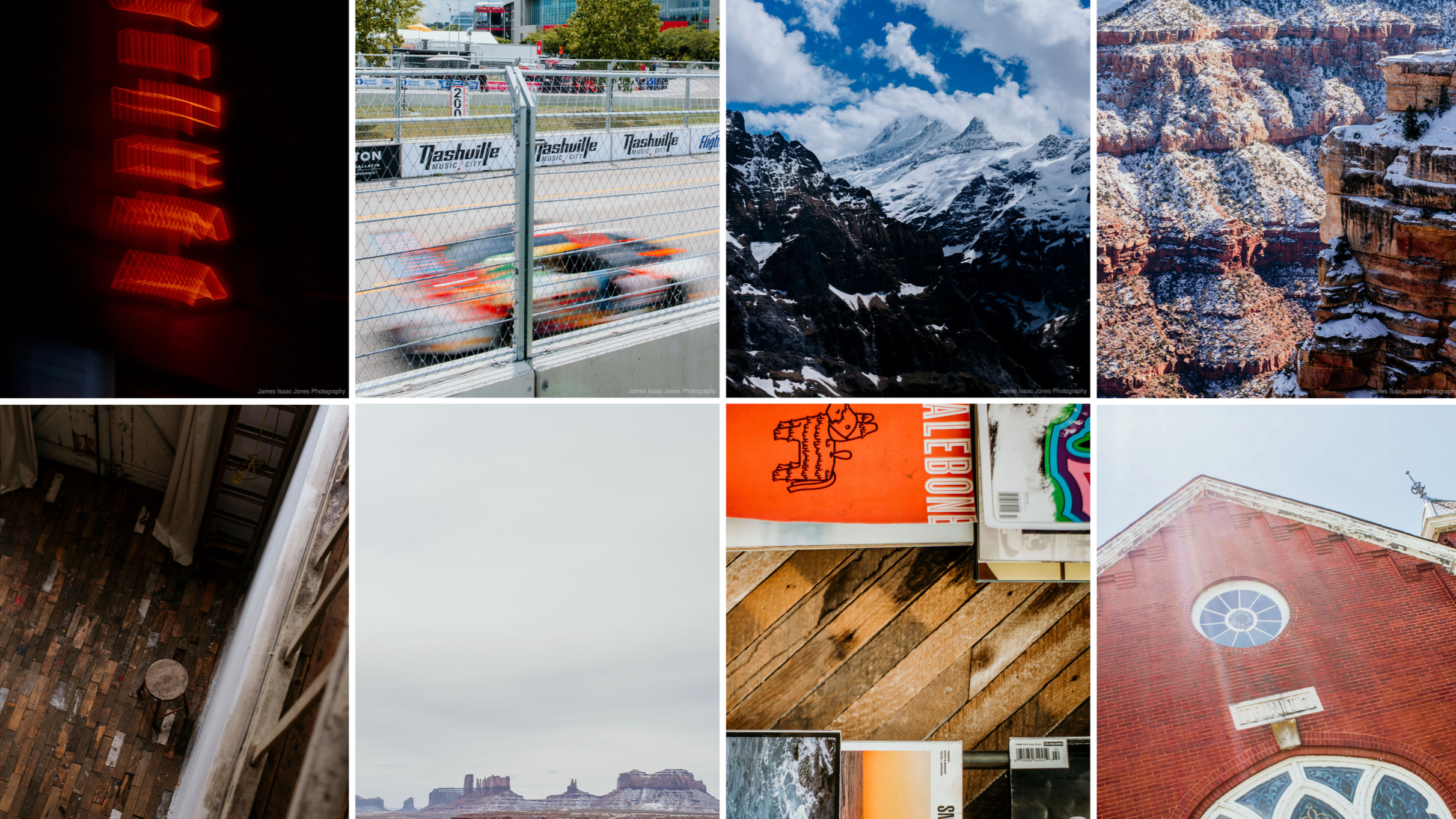 A collage of multiple photographs including a neon sign, a racing event with cars, snowy mountains, a rock canyon, an interior shot of a room under construction, sky, a book with a tiger illustration, a church, and scenic landscapes.
