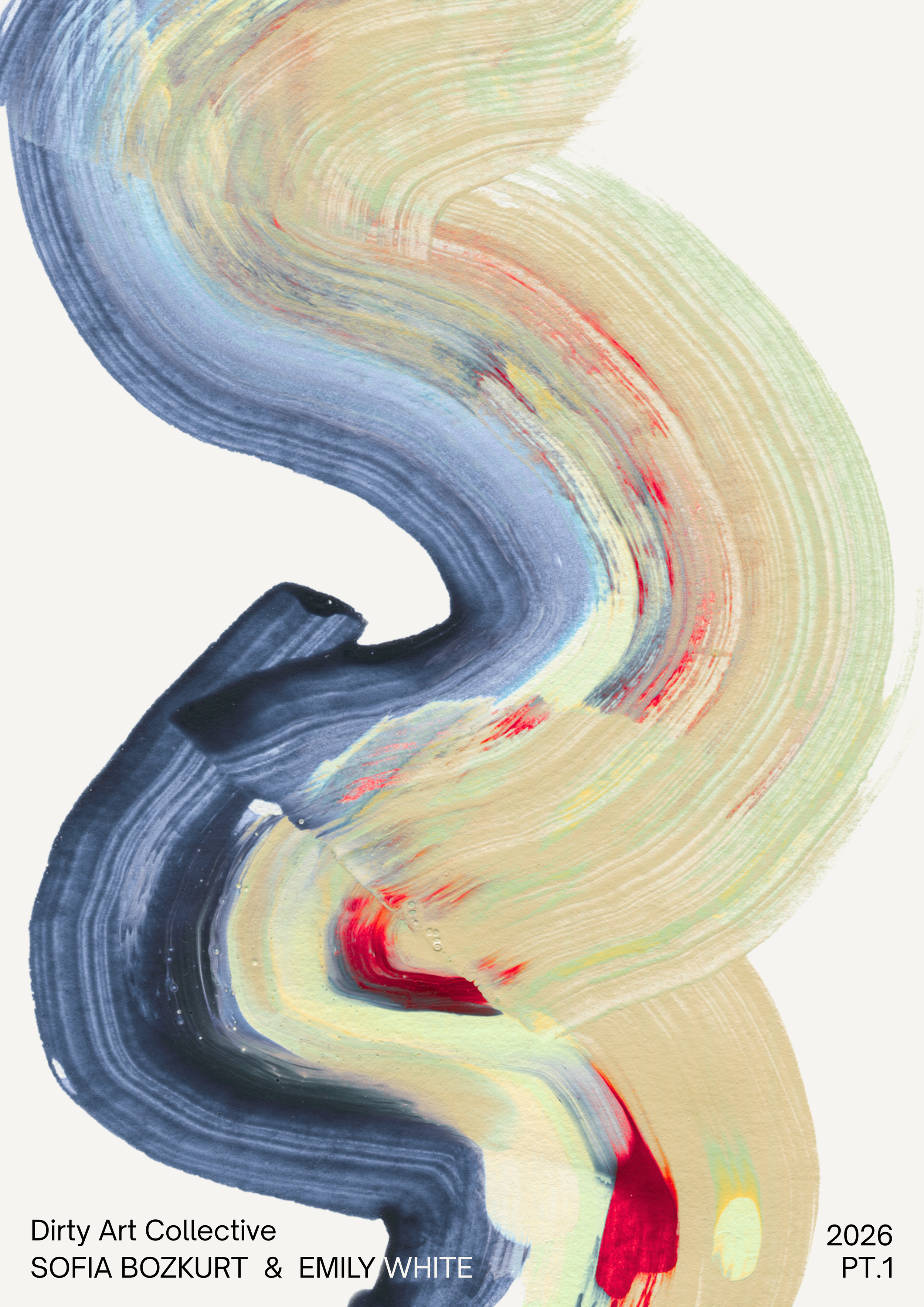Abstract colorful painting with swirling brushstrokes in shades of blue, red, beige, and yellow.