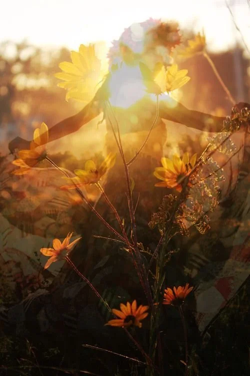 Double exposure photo of a person with outstretched arms holding flowers, overlaid with bright yellow flowers and sunlight in a field during sunset.