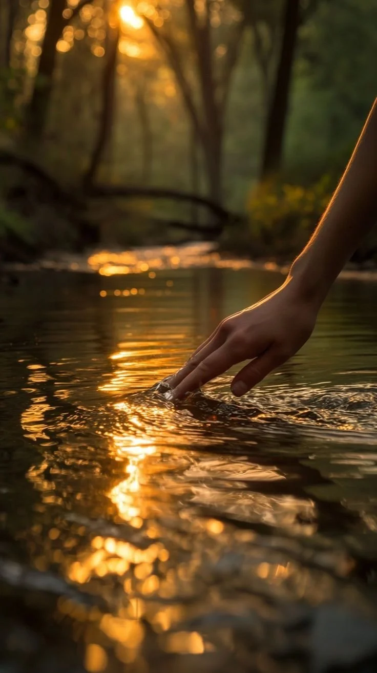 A person's hand touching water in a creek or river during sunset in a forested area.