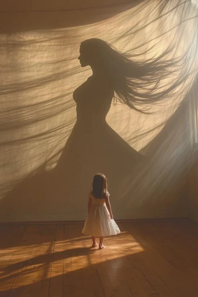 A young girl in a white dress is standing barefoot on a wooden floor, looking at a wall projection of a woman's silhouette with flowing hair.