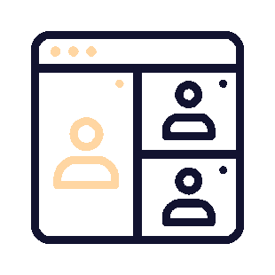 A digital interface showing a video call with four participants, two on the left and two on the right.