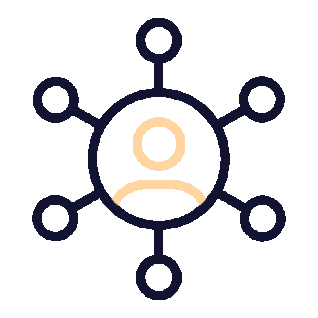 A graphical illustration of a person connected to multiple nodes, representing a network or social connections.
