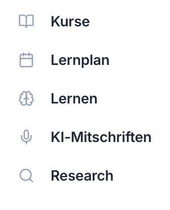 Liste mit Icons und deutschen Begriffen: Kurse, Lernplan, Lernen, KI-Mitschriften, Research.