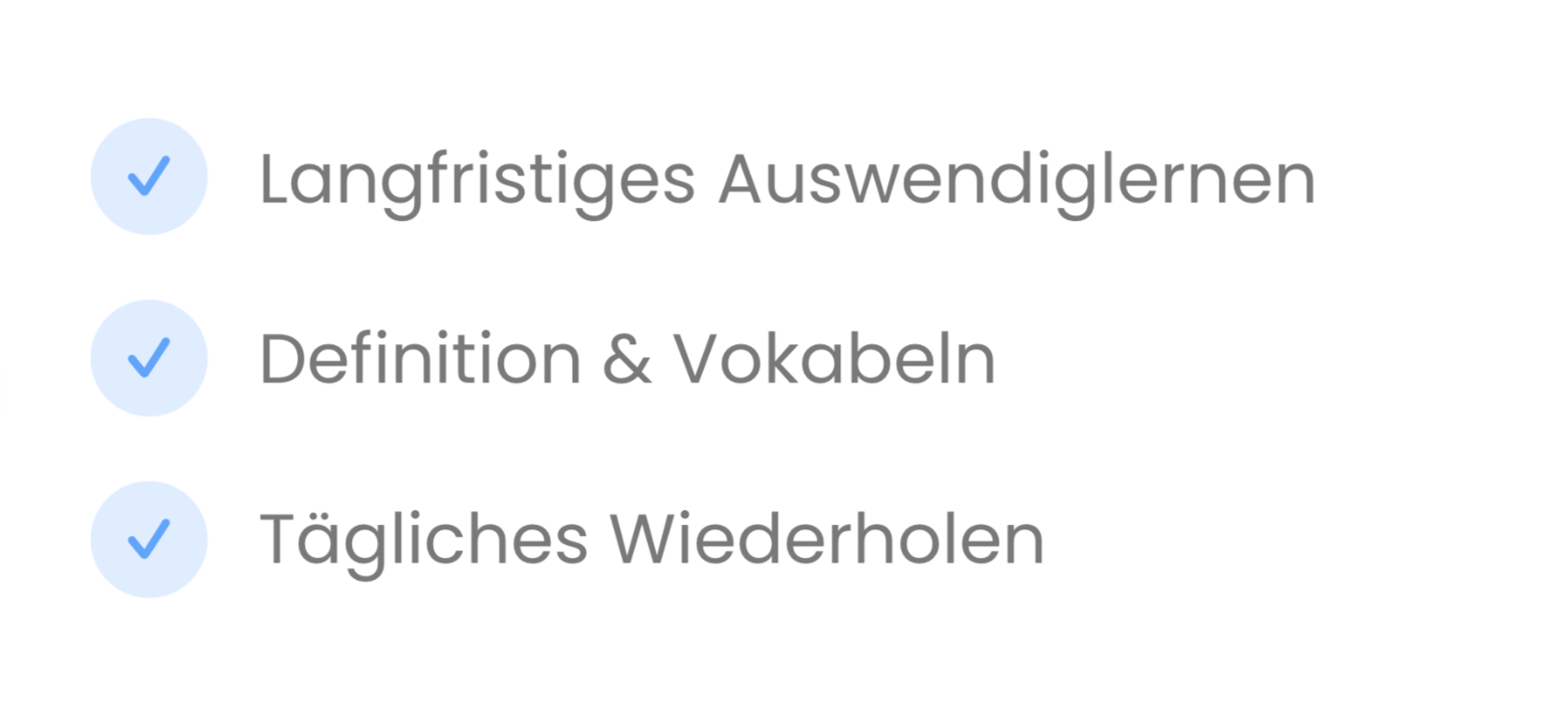 Liste mit drei Punkten, darunter die Themen: "Langfristiges Auswendiglernen", "Definition & Vokabeln" und "Tägliches Wiederholen"