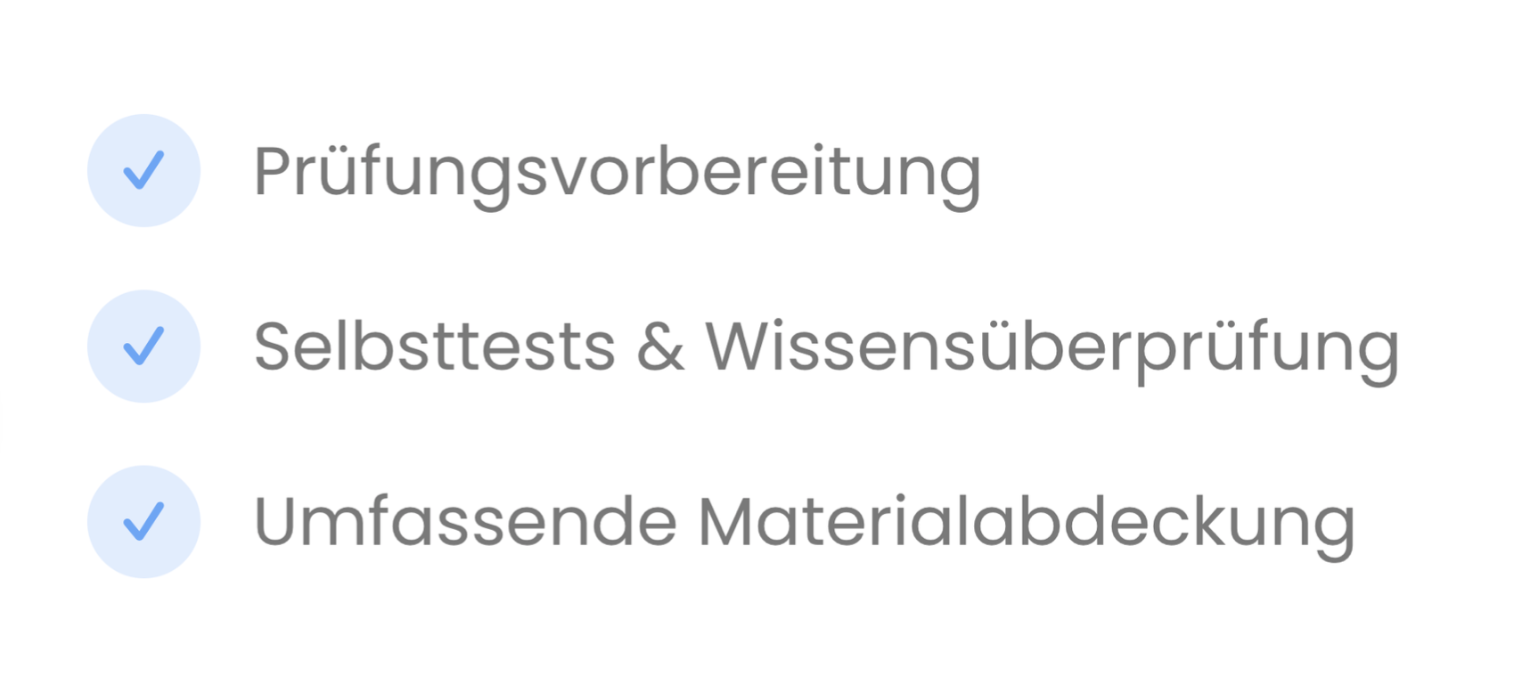 Liste mit drei Punkten, jeder mit einem blauen Häkchen. Die Punkte sind: Prüfungs Vorbereitung, Selbsttests und Wissensüberprüfung, Umfassende Materialabdeckung.