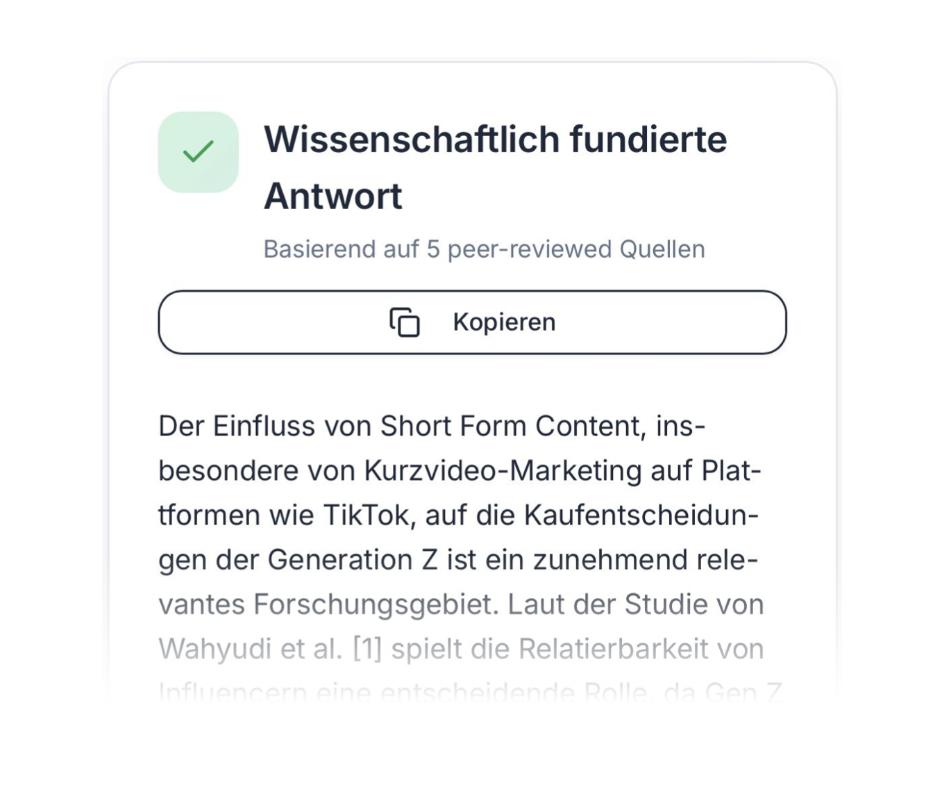 Ein Bildschirm zeigt eine Bewertung mit grünem Häkchen und der Überschrift 'Wissenschaftlich fundierte Antwort'.