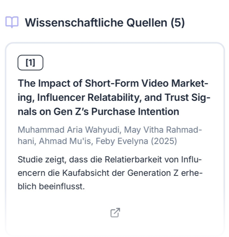 Screenshot einer wissenschaftlichen Quelle, Titel: "The Impact of Short-Form Video Marketing, Influencer Relatability, and Trust Signals on Gen Z’s Purchase Intention" von Muhammad Aria Wahyudi und anderen, veröffentlicht 2025.