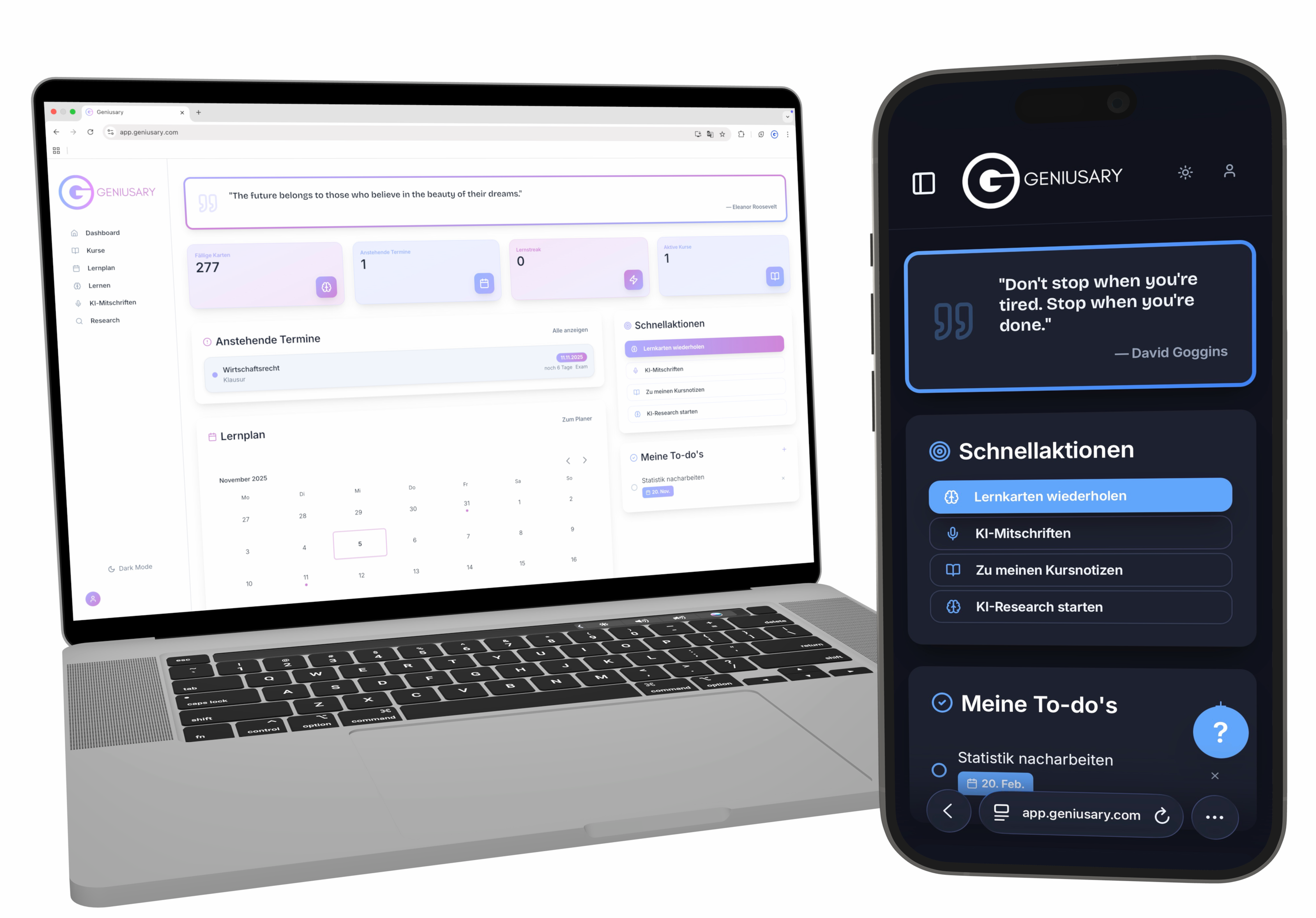 Ein Laptop und ein Smartphone, beide Displays zeigen die Benutzeroberfläche der Lernapp Genuisary mit verschiedenen Funktionen wie Kalender, To-do-Listen und Schnellaktionen, in Deutsch und Englisch.