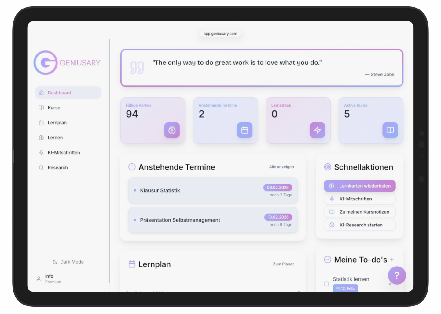 Screenshot eines Lernmanagement-Dashboards mit Statistiken, bevorstehenden Terminen, Schnellaktionen und To-do-Listen in einem Light-Mode-Design.