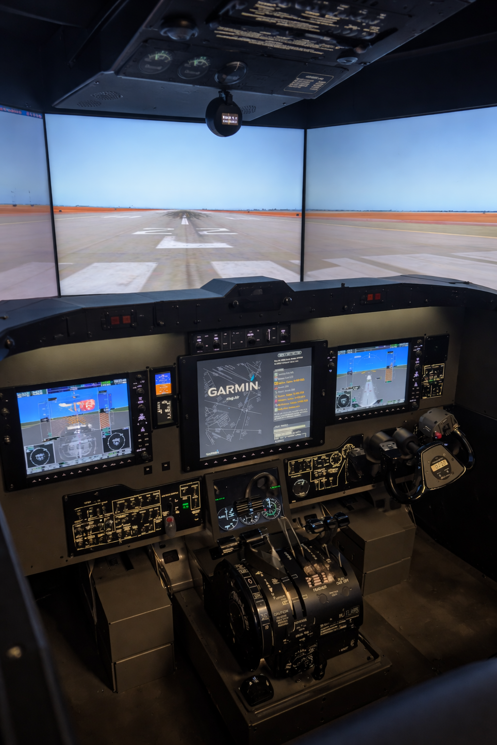 Interior of an aircraft cockpit with multiple digital displays, control panels, and a view of the runway through the windshield.