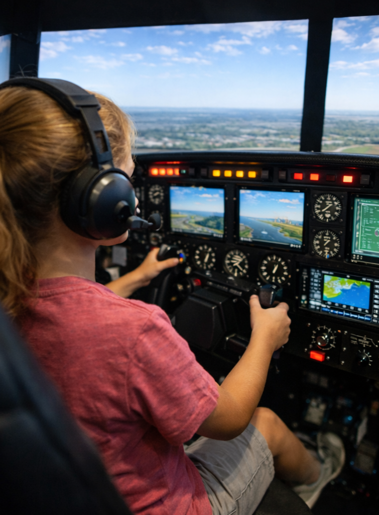 Child with headphones sitting in airplane cockpit, holding control yoke, looking at instruments and screens, with sky and landscape visible through the windshield.